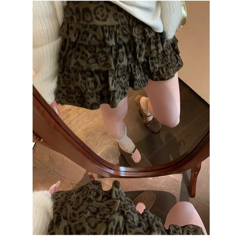 Leopard Print A-line Skirt, Spicy Girl, Casual Elastic Waist, Versatile Cake Skirt, Retro Slimming Short Skirt