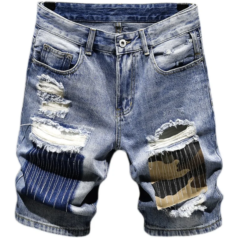 Ripped Short Jeans Men Streetwear Camouflage Patches Denim Shorts Summer Fashion Casual Blue Regular Straight Knee Length Pants