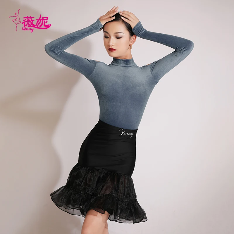 

Платье для латинских танцев Vennystyle для девочек, комплект из 2 предметов с леопардовым принтом и длинными рукавами, профессиональная стандартная тренировочная одежда