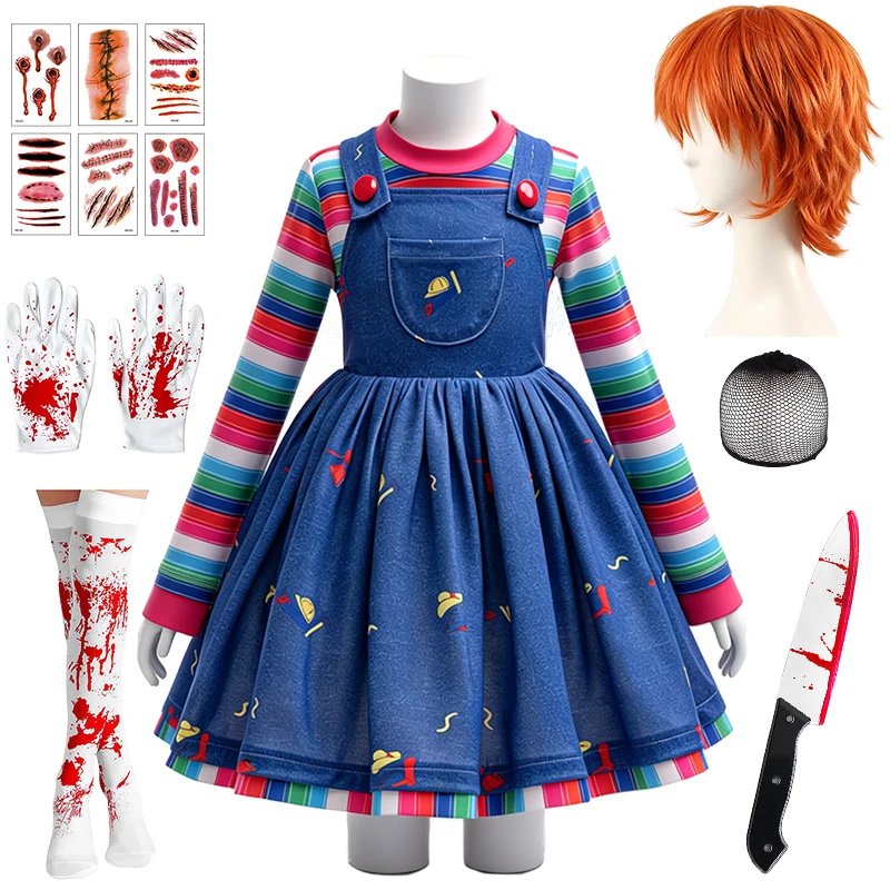 Halloween Child Cosplay Ghost Doll Chucky Costume Carnival Party Girls Masquerade Striped Tshirt + Overalls Children's Clothing