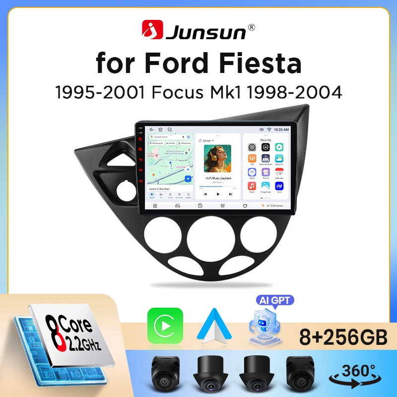 Autoradio Junsun sans fil CarPlay Android Auto pour Ford Fiesta Mk4 / Mk5 (JA/JB) & Focus Mk1 (DAW/DBW) avec ventilateur de refroidissement intégré, navigation GPS Android, lecteur multimédia, WiFi, DSP, RDS, BT, SWC, écran tactile IPS, autoradio, lecteur vidéo, unité principale, stéréo
