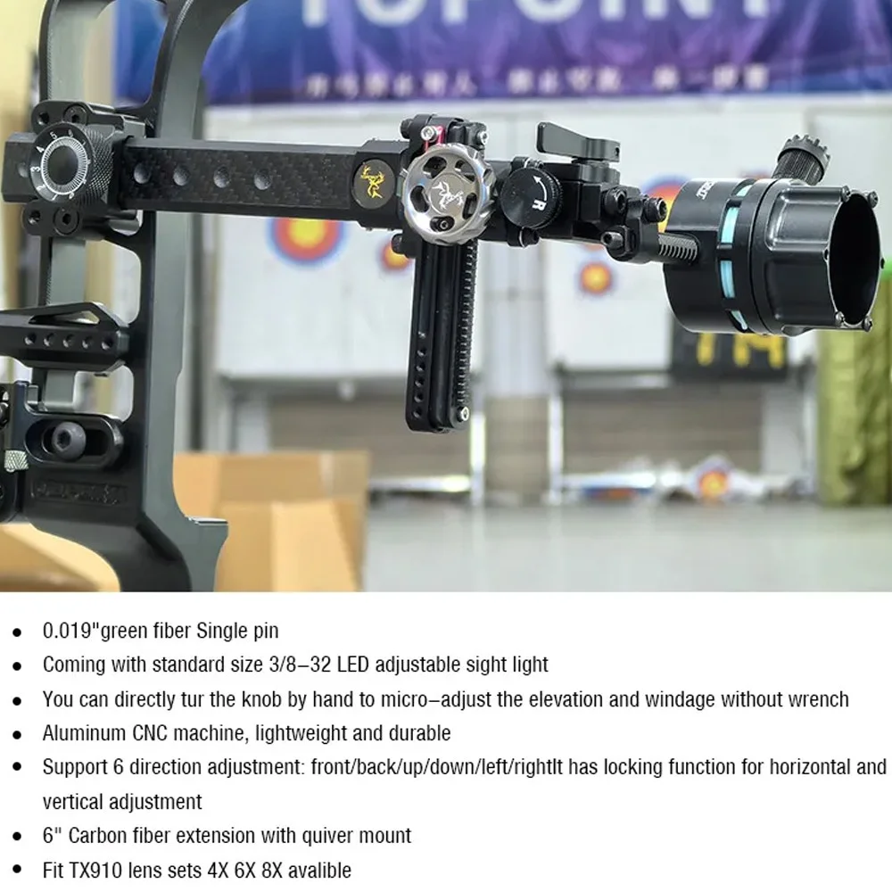 Compound Bow Sight Carbon Fiber Extension Single Pin Sight Compatible With 4X 6X 8X Lens Precision Adjustment Hunting Target Shooting Gear
