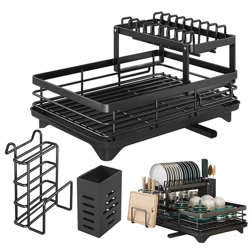 رف أطباق من الفولاذ الكربوني HGHO مع لوح تصريف، منظم حوض، رف مصفاة الأطباق لتخزين طاولة المطبخ