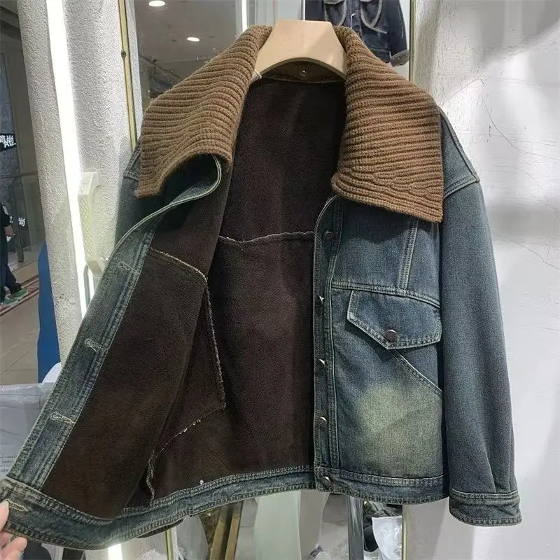 Fleece Denim Jacket Women's Short Top Women's Autumn Winter New Retro Knitted Small Thickened Jacket Exquisite Minimalist Casual