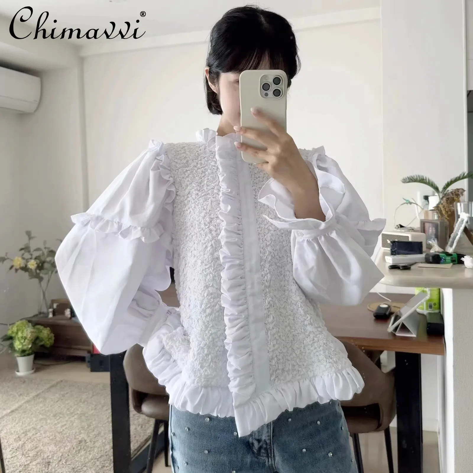 Spring Japanese New Sweet Girls Pleated Lace Long-sleeved Shirt Female Ruffled Elegant White Blouse Shirts Casual Blusas