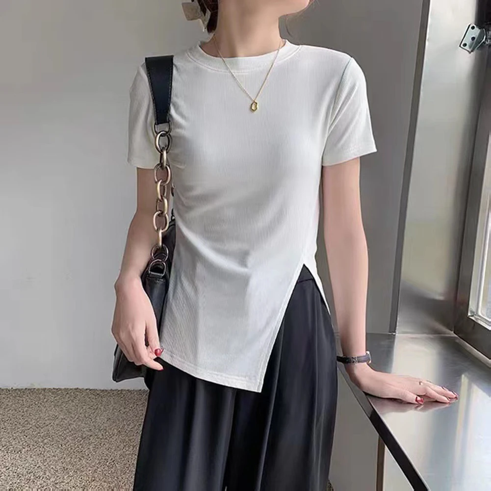 

Women's Summer Short Sleeve T Shirt Solid Color Casual Top Featuring Side Hem Slit and Slight Stretch Material