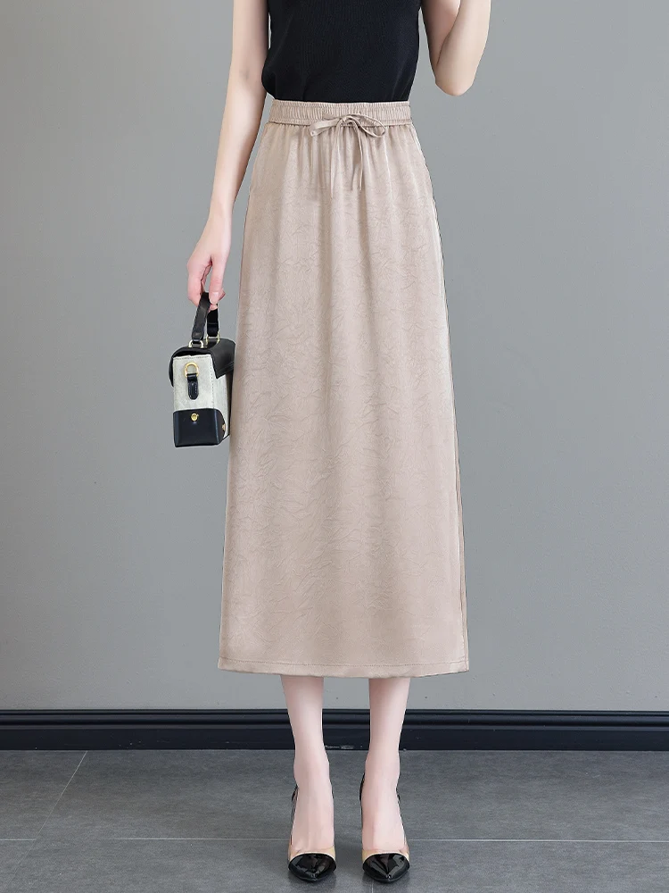 

Summer Thin High Waist A-Line Skirt Women's Elegant Long Draped Split Skirt Korean Style Casual Polyester Fiber Long Skirt