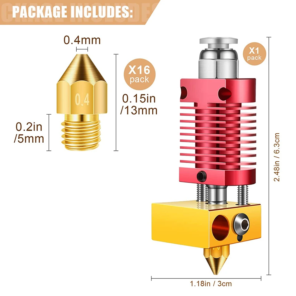 3D Printer Extruder Hotend with 16 Pieces 3D Printer Extruders Brass Nozzles Metal Hotend Kit for CR10/10S Ender 3/3 pro/5