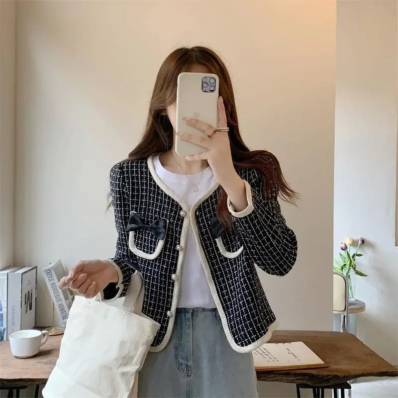 2024 Spring New Style Women's Tweed Jacket Loose Fit Korean Design Sensibility Bow Thousand Birds Pattern Versatile Short Jacket