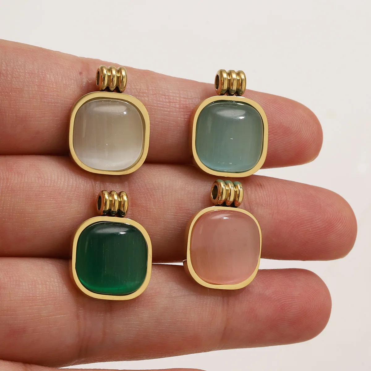 2pcs Cat's Eye Stone Square Rounded Charms Stainless Steel Gold Plated Pendants DIY Necklaces Earrings Women Jewelry Wholesale view 3