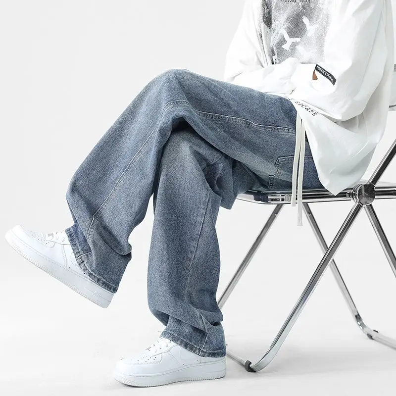 Men's Loose Retro Jeans Washed With Spring And Autumn Fashion High Street Wide Leg Straight Leg Casual Trend Blue Pants