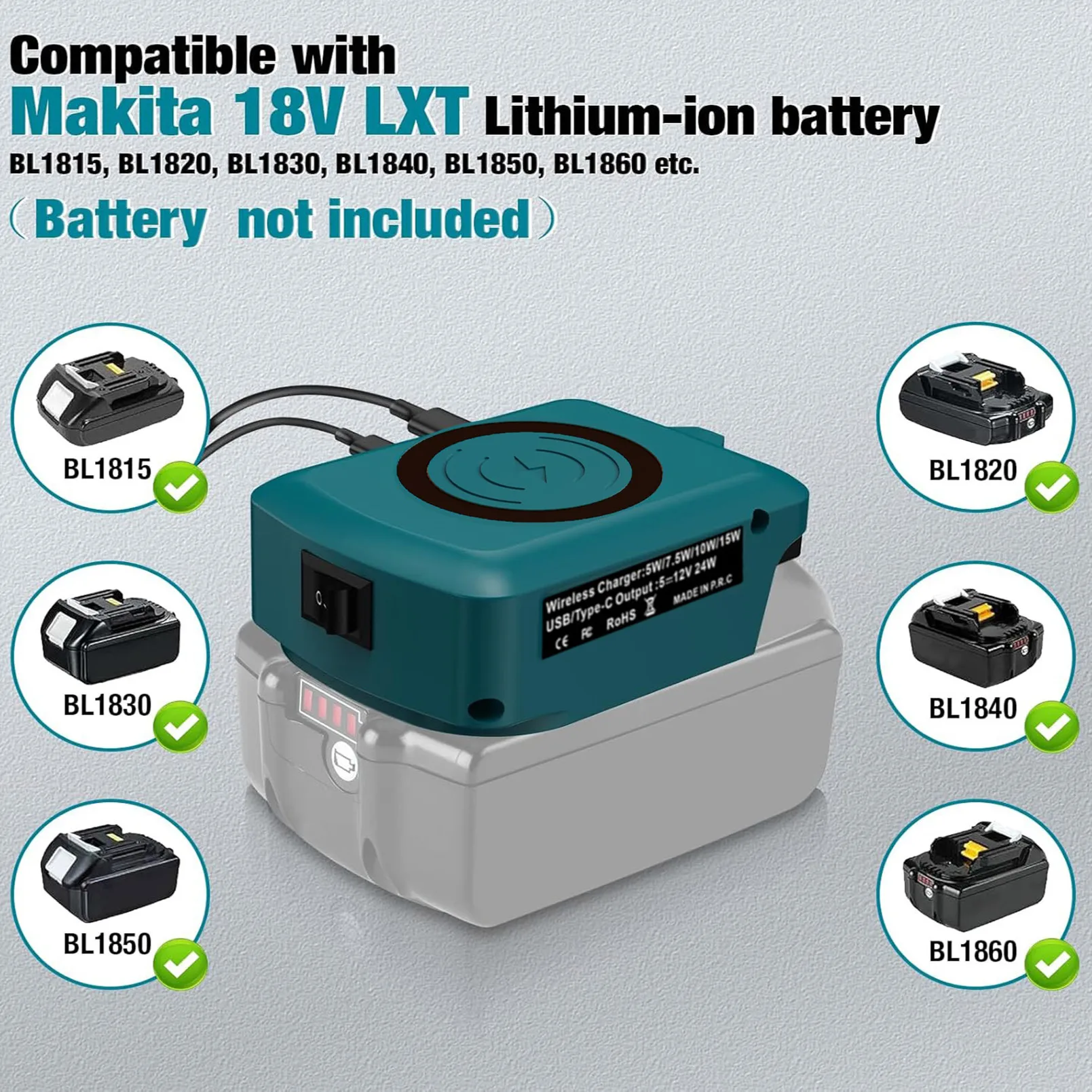 

Для литий-ионного аккумулятора Makita 18 В, беспроводное зарядное устройство для телефона с адаптером порта USB Type-C для Makita BL1815 BL1830 BL1840 BL1845 BL1850