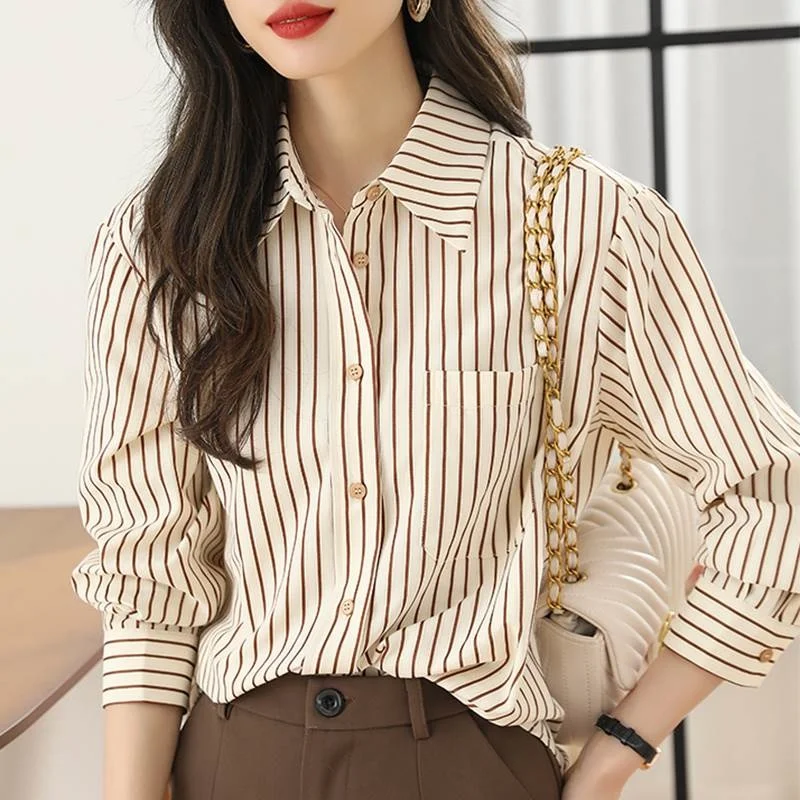 #2526 Striped Shirt Women Long Sleeve Office Womens Tops And Blouses Korean Style Loose Vintage Shirts Female Pockets Spring2024