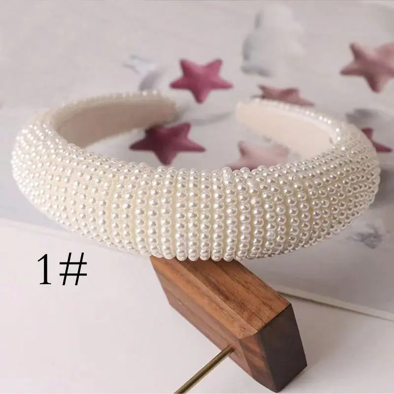 1pc women\'s simple sponge wide edge hand sewn bead pearl headband French super fairy hair headband