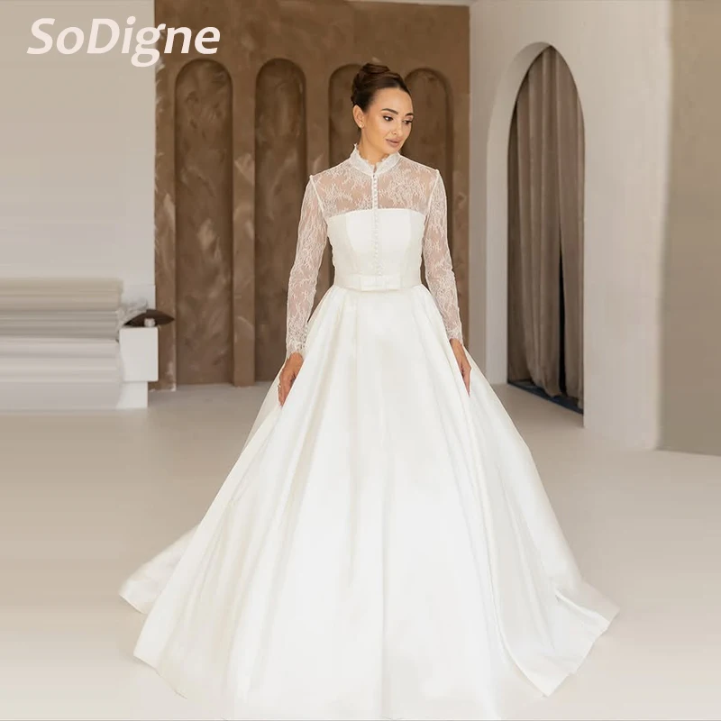 

SoDigne A-line Satin/Lace Wedding Dresses High Neck Full Sleeves Bridal Dress 2026 Bride Gown vestidos de novia Customized