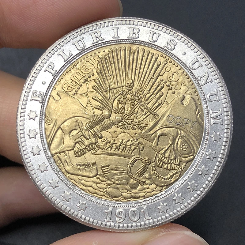 US 1901 three skull pirate two tone Hobo coin, gold and silver collectible commemorative coin, replica home decoration