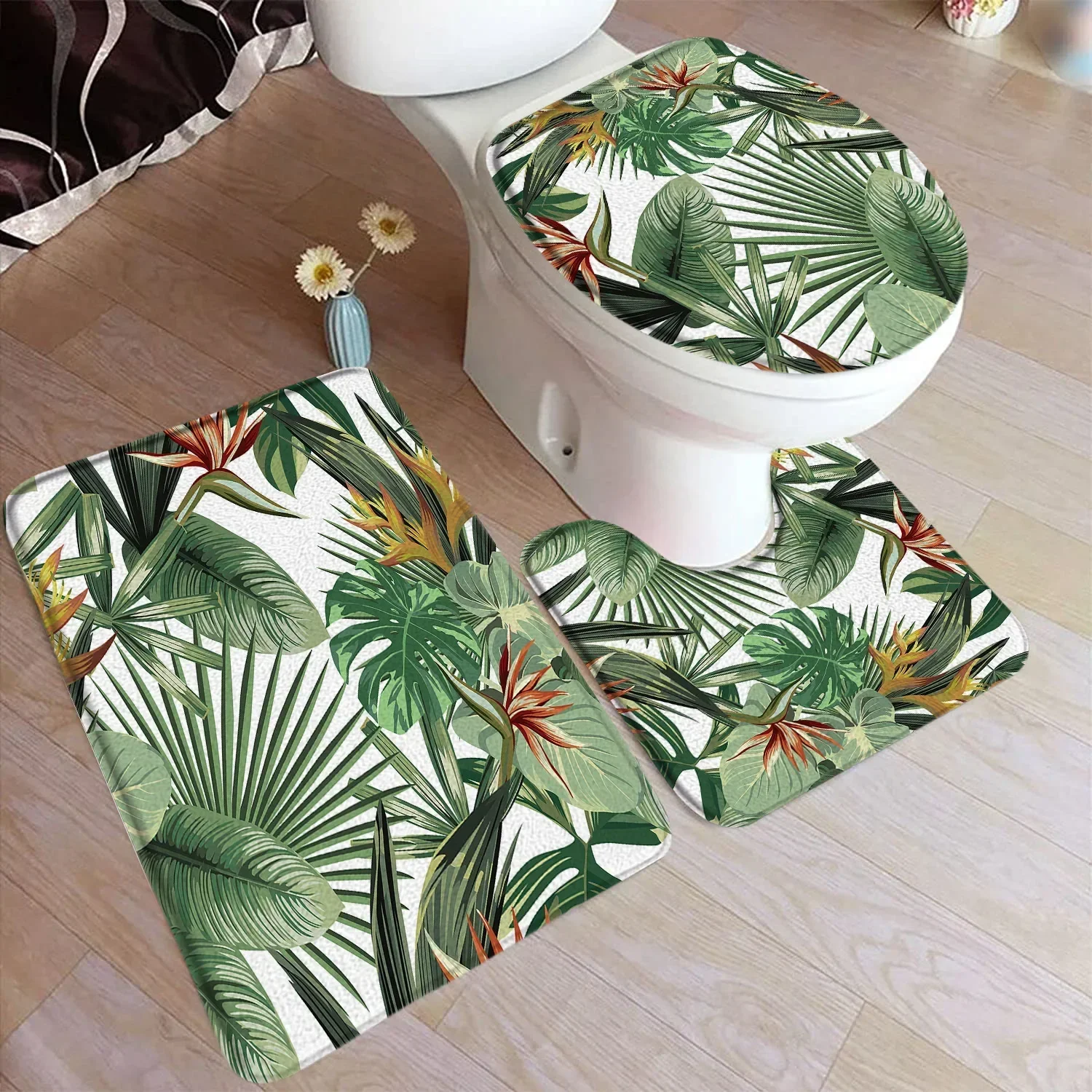 Tropical Leaves Bath Mat Set Palm Leaf Monstera Green Plants Home Carpet Flannel Bathroom Decorative Floor Rugs Toilet Lid Cover