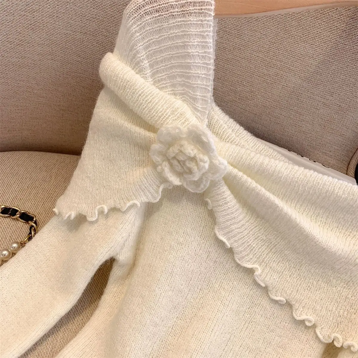 Soft Floral One-shoulder Slim Knit Sweater Chic Design Irregular Pullover Long Sleeve Tops Y2k Clothes Women Knitwear Trends New