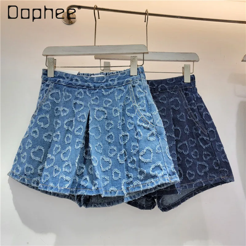 

Loose Love Jacquard Denim Skirts 2024 Summer New Korean Style Fashion Women's All-Match High Waist Slimming Short Jean Skirt