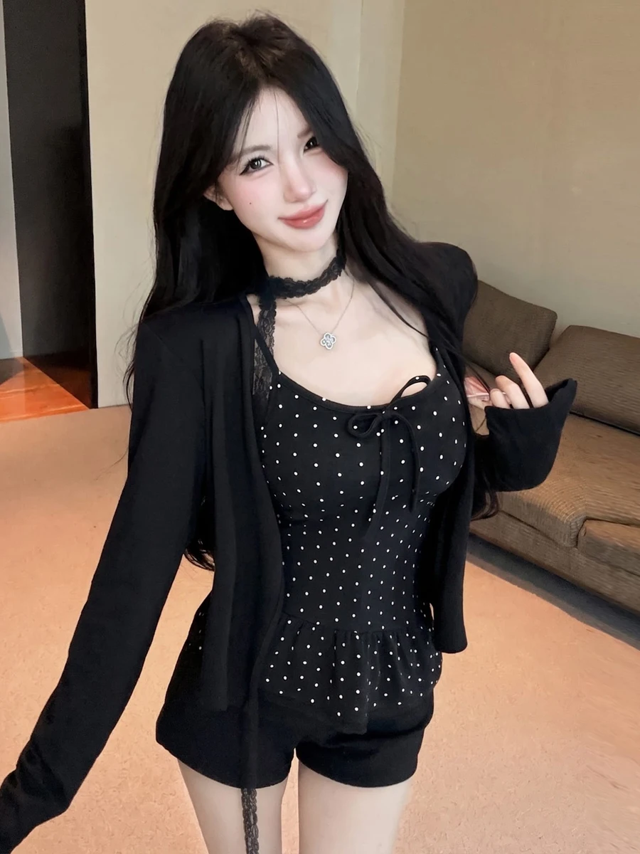 Sexy Fashion Polka Dot Print Waist-Cinching Long Sleeve Base Tank Top Slimming Open Cardigan Top with Sash Two-Piece Set for ...