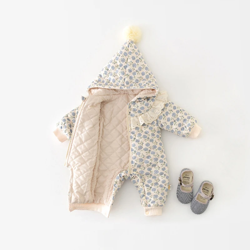Baby Winter Jumpsuit 0-2 Years old Infant Girls Clothing Sweet Lace Floral of Print Romper Toddler Thick Warm Outerwear