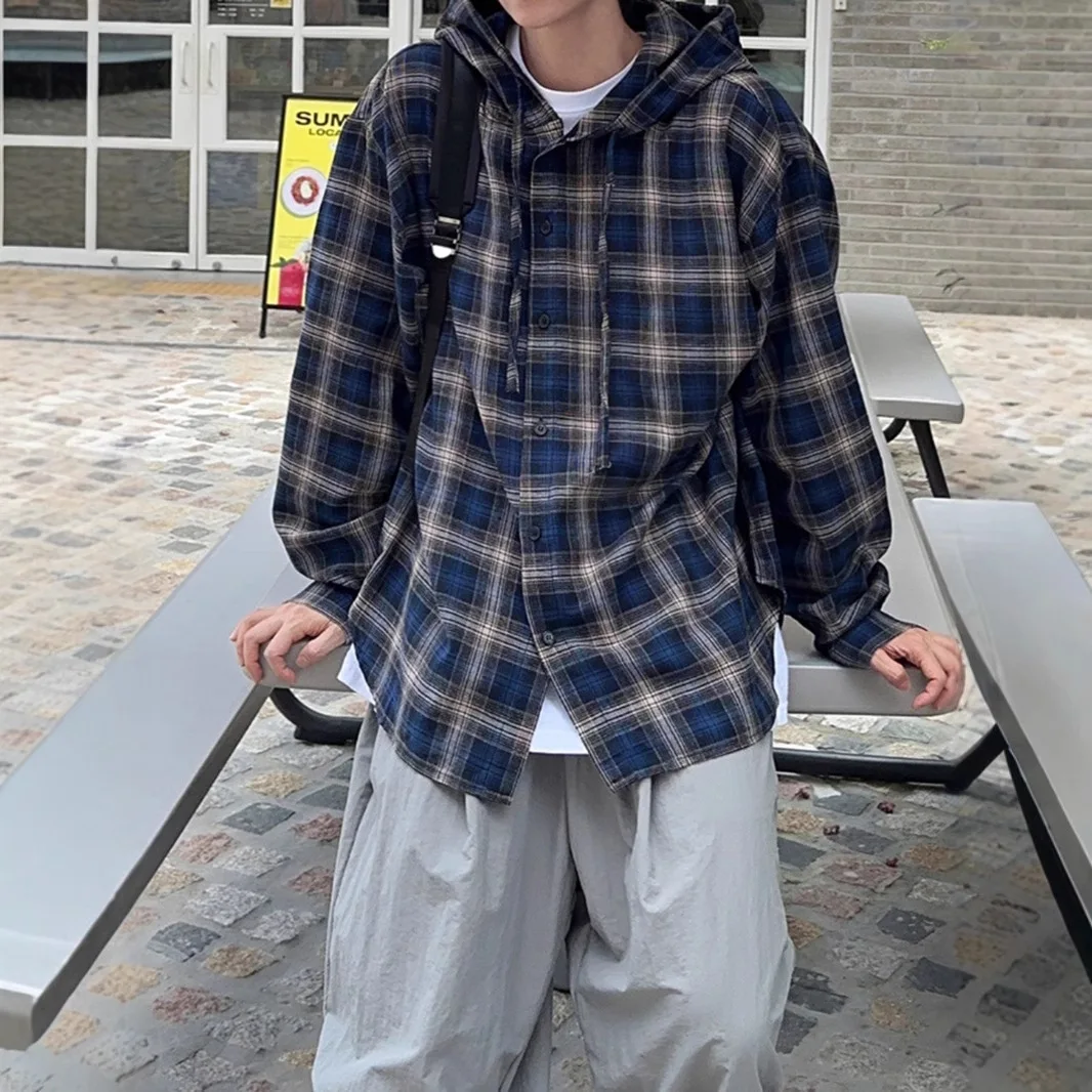 American Vintage 2025 New Fashionmen's Blue Color-coded Plaid Casual Trendy Loose Long Sleeve Hooded Shirts Male Clothes Coats
