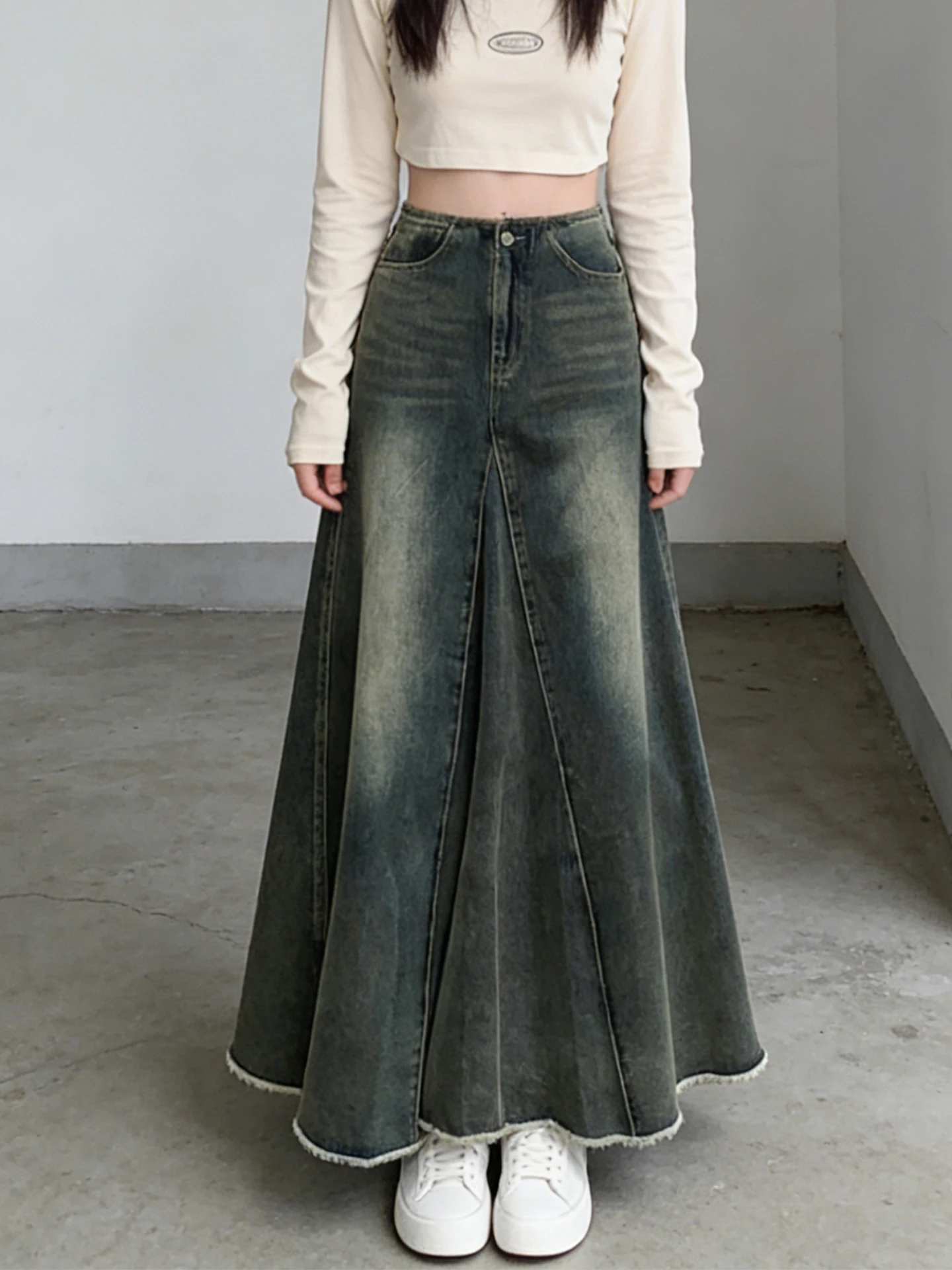 

Spring 2026 High Waist Midi A-Line Denim Skirt for plus Size Women Vintage Frayed Hem Sweet College Sle Casual Cotton Blend