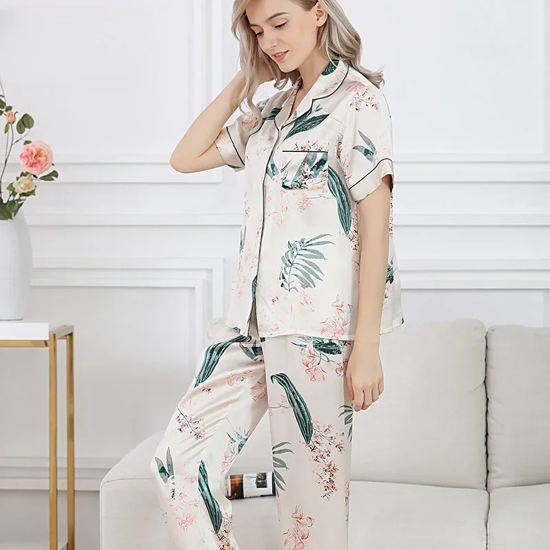 Printed Women's New 100% Mulberry Silk Pyjamas Homewear Suit Summer Short-Sleeve Nightwear Thin Real Silk Satin Sleepwear