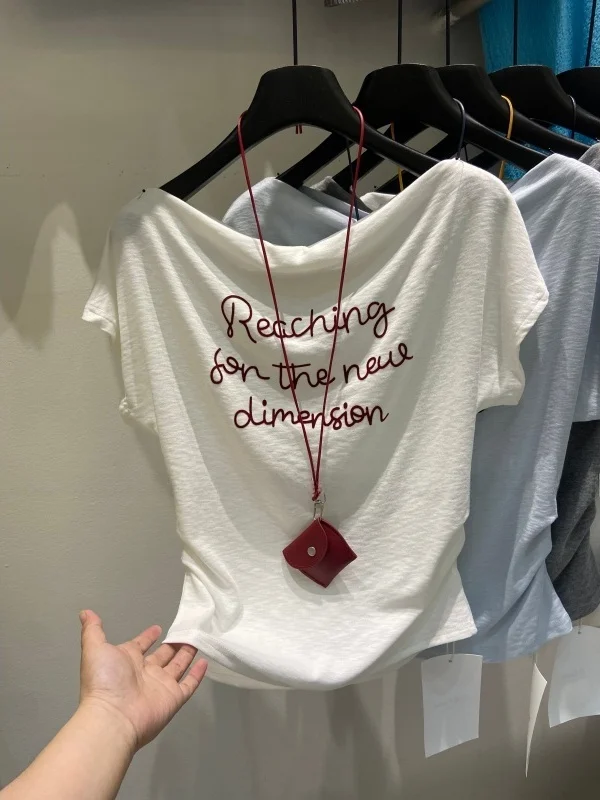 

Summer Style T-Shirt Letter Print Batwing Sleeve Short Sleeve One Shoulder Design Slimming Top Korean Commute Style High Waist