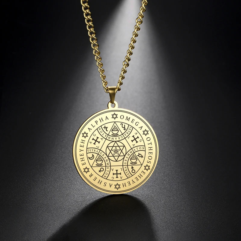 LIKGREAT Enochian Seal Necklace Magic Angel Pendant Necklaces for Men Women Stainless Steel Archangel Medal Kabbalah Talisman Je