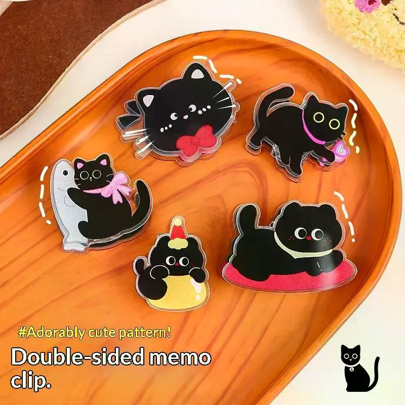Cute Cartoon Black Cat Acrylic PP Clips Waterproof Clear Pattern Durable For School Office Scrapbooking Stationery