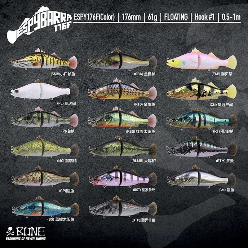Bone Espybarra 176mm 61g Floating Multi-Function Swimbait Artificial Bait Lures with 3 interchangeable tail Seawater Freshwater