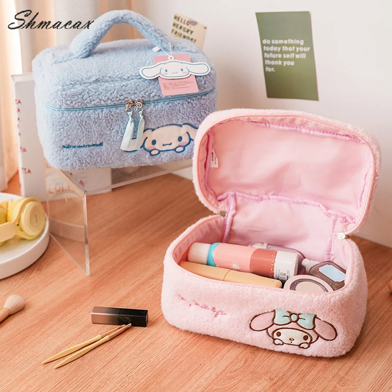 Sanrio Hello Kitty Plush Cosmetic Bags Cinnamoroll My Melody Large Capacity Embroidered Makeup Bag Kuromi Storage Bag Wash Pouch