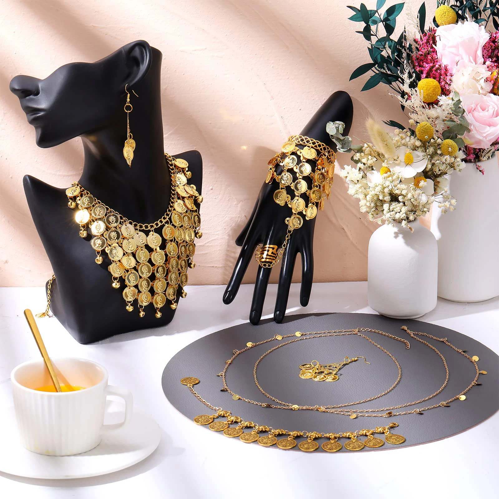 Belly Dance Jewelry Set Women Gold Sequins Head Anklet Chain Coins Necklace Earrings Bracelets Bohemian Tassel Hand Ring