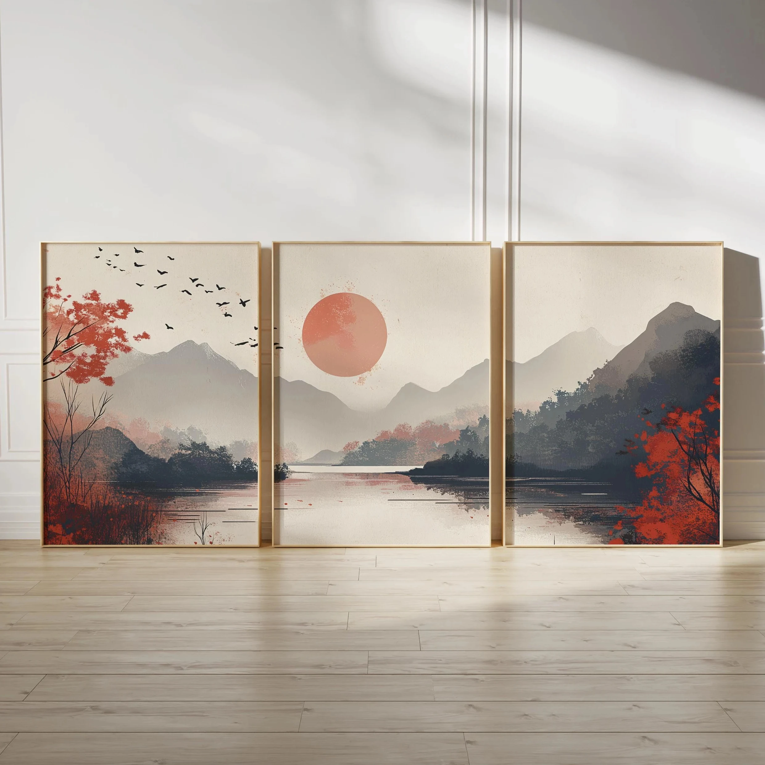 3 Pieces Japanese Style Mountain Lake Canvas Wall Art Red Maple Sun Bird Scenery Print For Living Room Decor