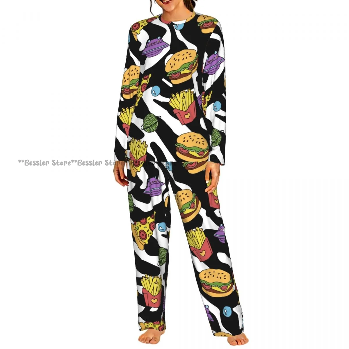 2 Piece Loungewear Women Pajama Sets Cute Pizza Hamburger French Fries On 80s 90s Soft Homewear Sleepwear Long Sleeve Nightwear