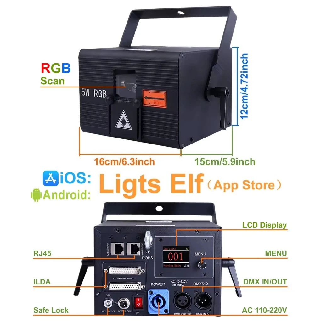 5W RGBW Animation Scan Laser Projector Light, App Control for Android & Apple Phone, ILDA Stage Lighting for Party Bar DJ Show