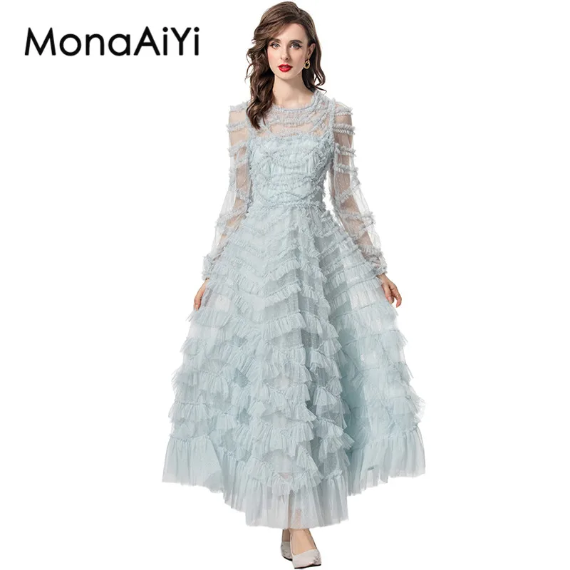 MonaAiYi Spring Summer Ball Gown Dress Women's Lantern Sleeve Mesh Splicing Edible Tree Fungus Edge Bohemian Sky Blue Dresses