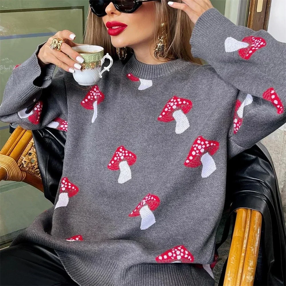 Women\'s Clothing Trend 2024 New Fashion Mushroom Graphic Print Sweater Long Sleeve Plus Size Tops Loose Casual Street Pullovers