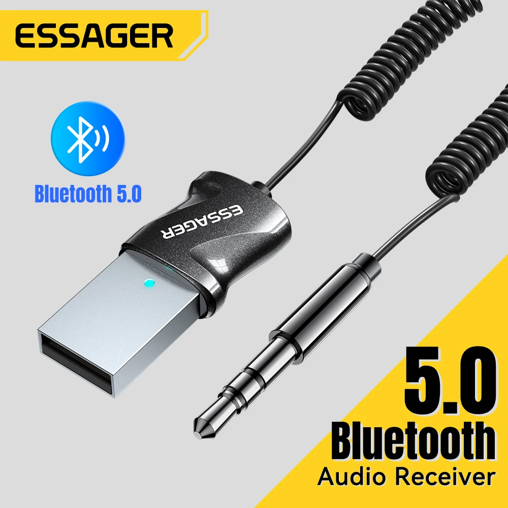 Essager Bluetooth 5.0 Aux Adapter Wireless Car Bluetooth Receiver USB to 3.5mm Jack Audio Music Mic Handsfree for Car Speaker