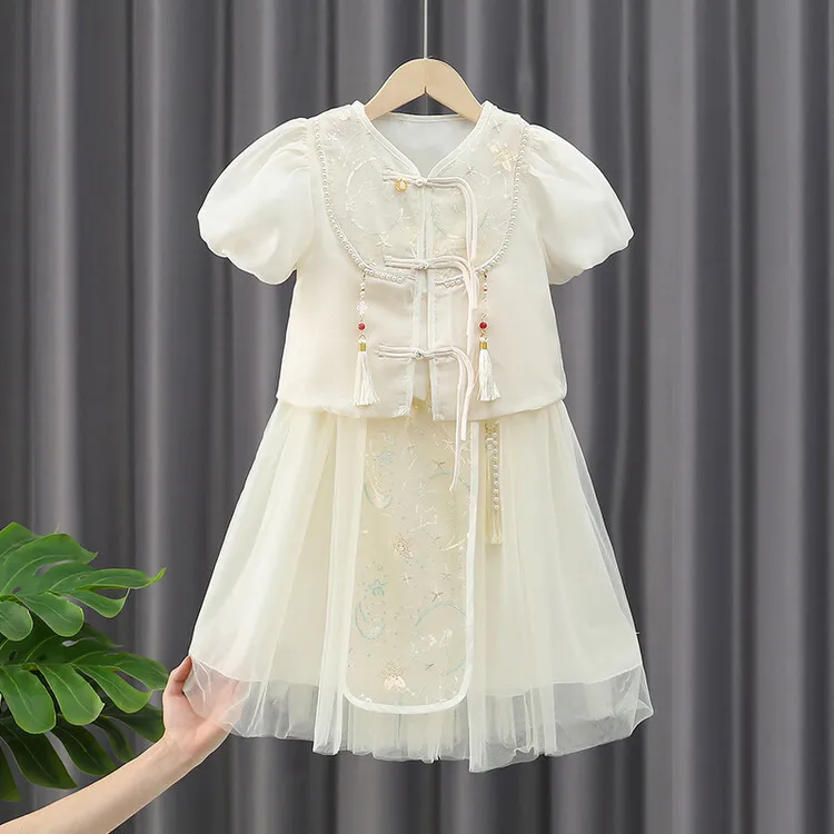 

Girls Chinese Style Sets Summer 2024 New Classic Hanfu Elegant Fashion Gauzy Sequin Short-sleeved Blouse Skirts Two-piece Set