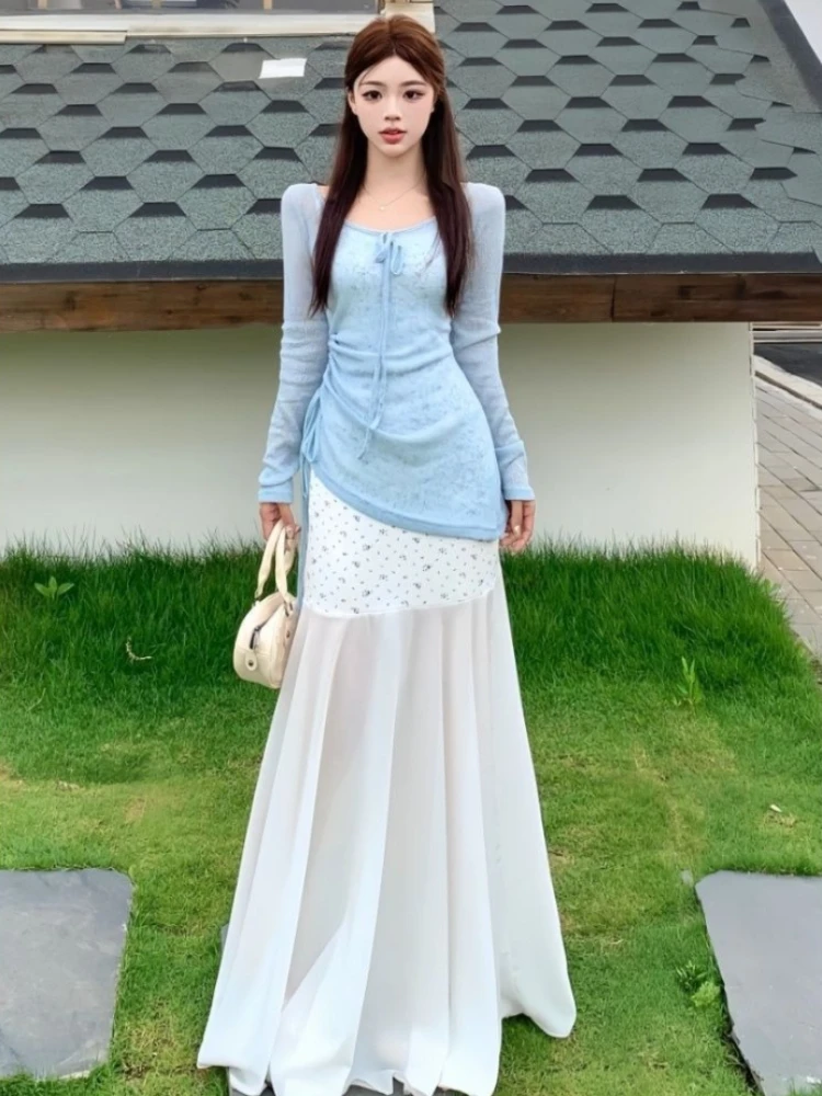 Conjunto de Dos Piezas para Mujer, Estilo Francés, Vestido Tipo A para Fiesta de Té, Top con Lazo en la Cintura, Corte Entallado, Elegante y Casual para Verano