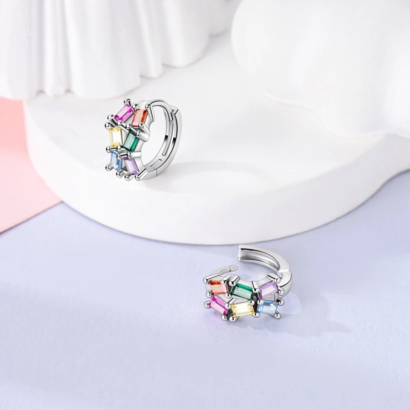 Stylish 925 Sterling Silver Colored Square Zirconia Hoop Earrings For Women Fine Wedding Jewelry Gifts