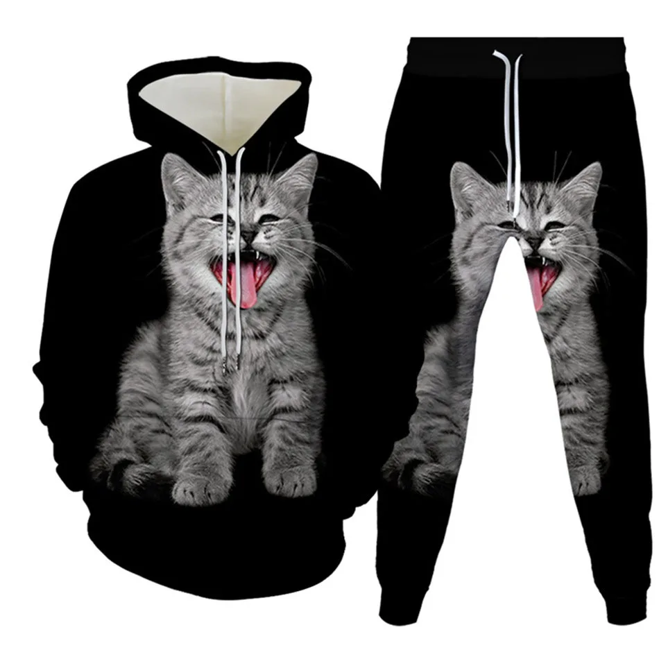 الخريف مضحك الحيوان القط ثلاثية الأبعاد مطبوعة هوديي البدلة الرجال بلوزات Sweatpants موضة عادية قطعتين طقم رياضي رجل الملابس