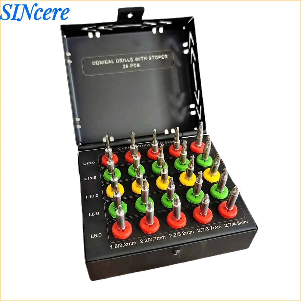 1Set Dental Implant Conical Drills Coated Kit 25 Pcs With Stopper Dental Implant Surgical Drill Kit