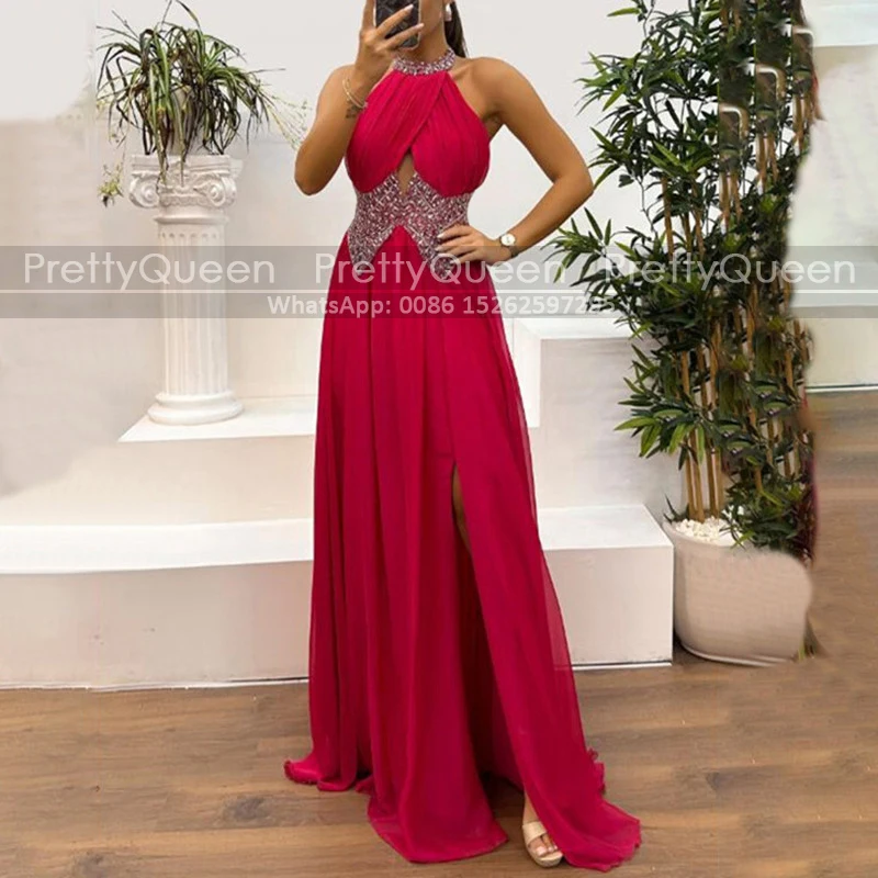 A Line Heavily Beaded Prom Dresses For Women Side Slit Halter Neck Long Sleeveless Backless Pageant Dress Party Gown