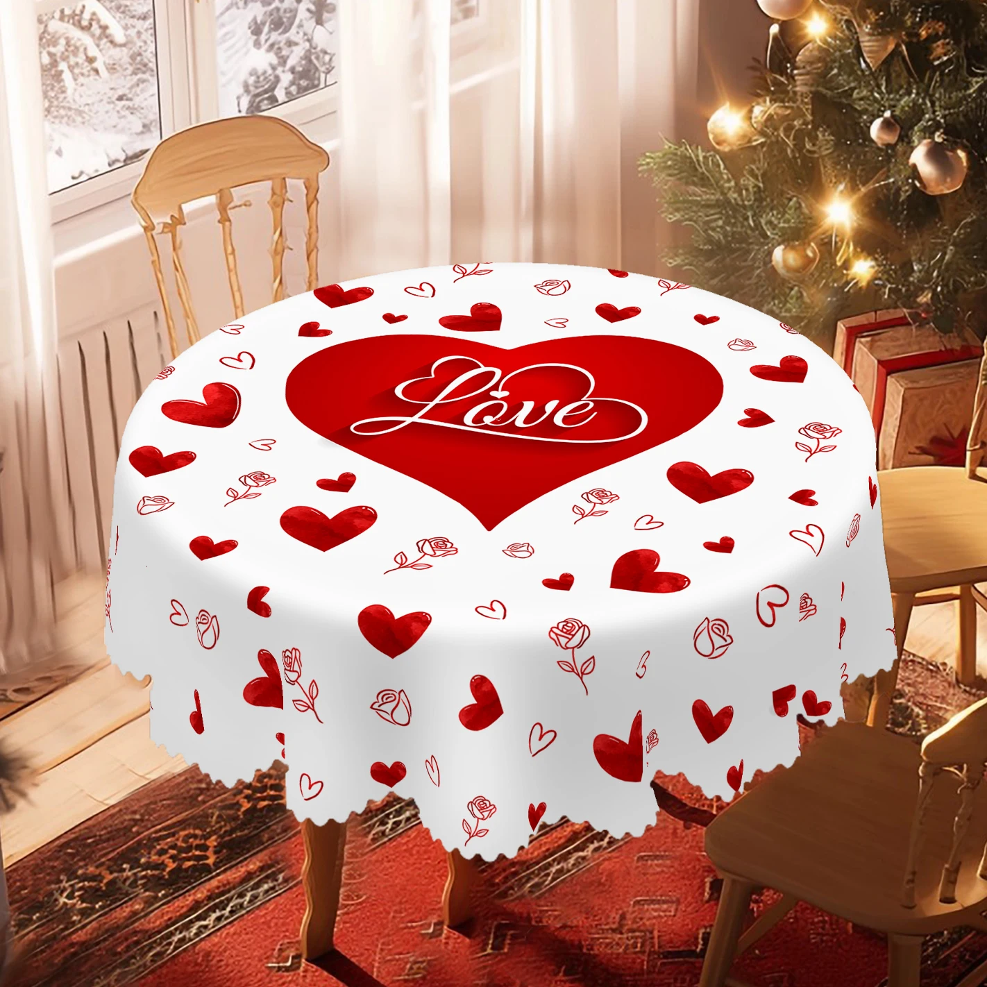 1 Piece Valentine's Day Round Tablecloth, 5 Sizes Available, Romantic Heart-Shaped Love Pattern Tablecloth, Edge Embossing Process, Valentine's Day Garden Tablecloth Decoration, Tablecloth for Daily Home Kitchen, Terrace, Valentine's Day Gift