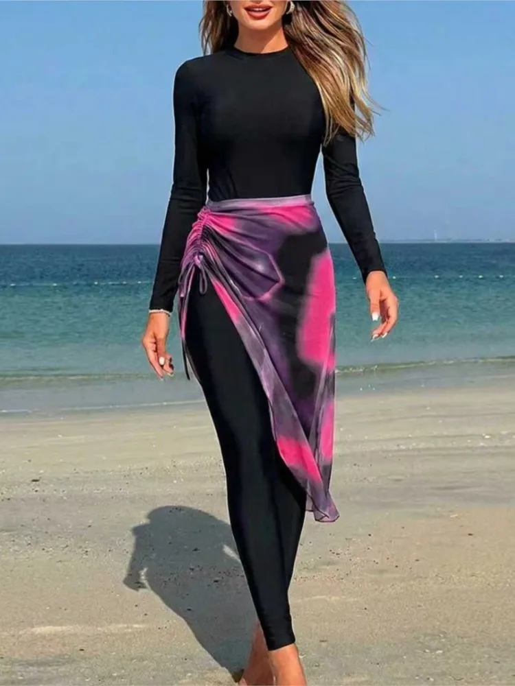 Women Modest Muslim Swimwear Patchwork Sport Long Sleeves Swimsuit 3pcs Islamic Burkini Wear Bathing Suit 2026 New Cover Ups