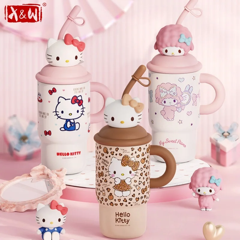 

X&W for Sanrio 650ML Insulated Bottle Stainless Steel Milk Tea Straw Cup Cartoon Hello Kitty Thermos Cup with Handle＆3D Doll Lid
