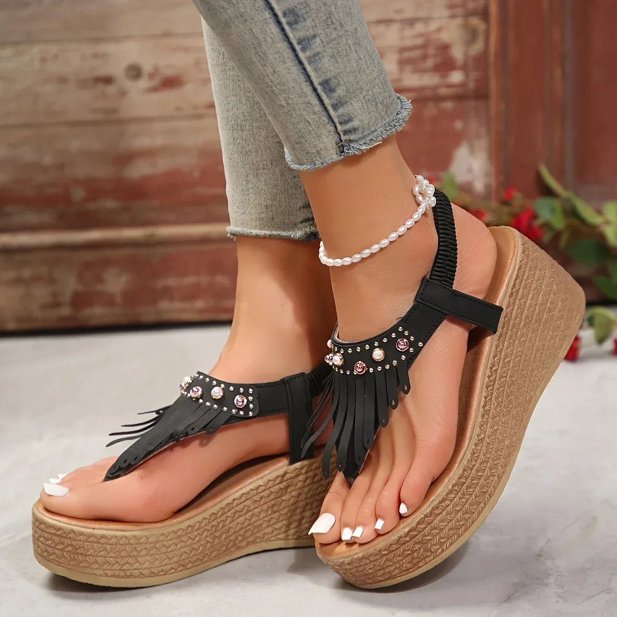 Women Wedges Sandals 2024 Summer Flip Flop Shoes Women Platform Shoes Bead Slip on Sandals Sexy Luxury Designer Sandals De Mujer